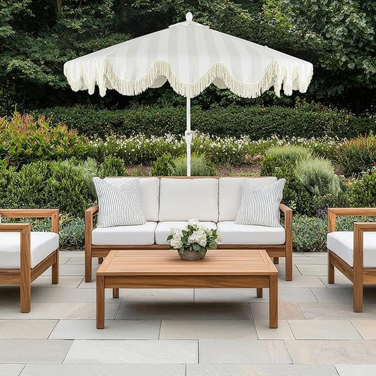 JONATHAN Y UMB1001 Collins 9 ft. Classic Cottage Tassel Market Patio Umbrella with Auto-Tilt, Crank, Wind Vent and UV Protection