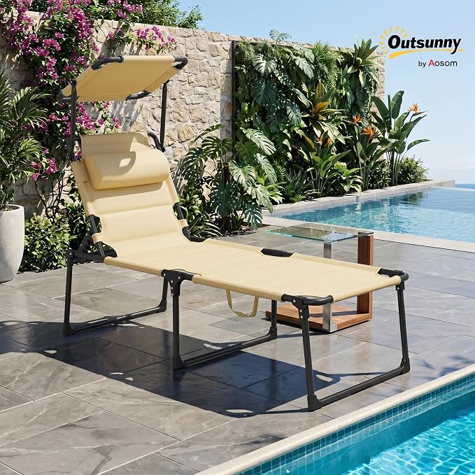 Outsunny Outdoor Lounge Chair, Adjustable Backrest Folding Chaise Lounge, Cushioned Tanning Chair with Sunshade Roof & Pillow Headrest for Beach, Camping, Hiking, Cream White