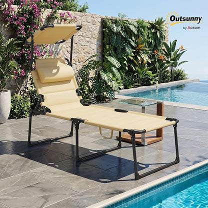 Outsunny Outdoor Lounge Chair, Adjustable Backrest Folding Chaise Lounge, Cushioned Tanning Chair with Sunshade Roof & Pillow Headrest for Beach, Camping, Hiking, Cream White