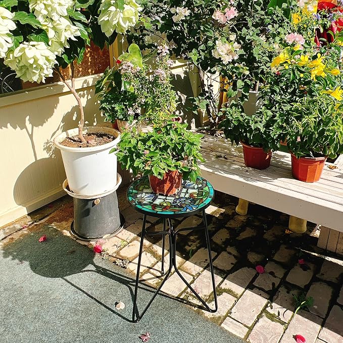 Mosaic Flower Outdoor Side Tea Table, Glass Plant Tables Decorative Metal Patio Table, Round Outdoor Tables Unique Furniture-Weather-Resistant Patio Decor, Valentine's Day Decoration Gift