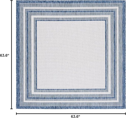 SAFAVIEH Washable Rug Outdoor Courtyard Collection - 5'3" Square, Ivory & Navy, Non-Shedding & Easy Cleaning, Ideal for Patio, Backyard, Mudroom (CY8475-53412)
