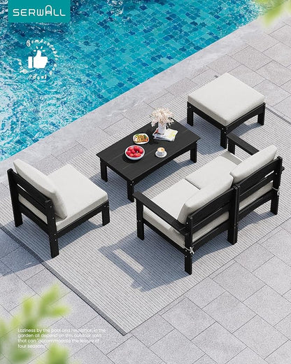 SERWALL 2 Pieces Patio Conversation Set, All-Weather HDPE Outdoor Sofa with Removable Cushions and Ottoman, Modular Design Converts to Chaise Lounge, Porch, Poolside, Black Frame with Khaki Cushion