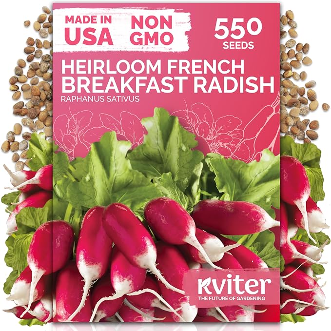 KVITER 550 French Breakfast Radish Seeds (Raphanus Sativus) - Non GMO Radish Seed Packets, Mild Flavor, Crisp Roots, Fast Harvest - Heirloom Vegetable Seeds for Outdoors, Ideal for Home Garden