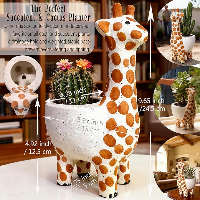 Large 9.65‘‘ Ceramic Giraffe Planter Pot-Animal Shaped Flower Pot Planter for Indoor/Outdoor Succulent/Cactus/Bonsai-Garden Office Home Decor for Living Room,Kitchen Desk-Plant Lovers Gift