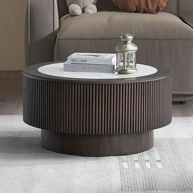 kevinplus ø35.43'' Round Faux Marble Coffee Table & Side End Table Set of 2 for Living Room, Modern Contemporary Circle Drum Embossment Fluted Pedestal Wooden Design, No Assembly (Dark Brown, 2-Pcs)