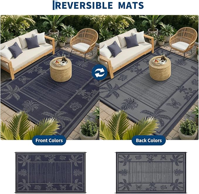 Garvee Outdoor Rug 5x8 Waterproof for Patios, Reversible Plastic Straw Rug, Tropical Leaf Indoor Outdoor Rugs, Large Area Rug for RV, Camping, Deck, Picnic Mat, Outside Carpet, Navy & Grey