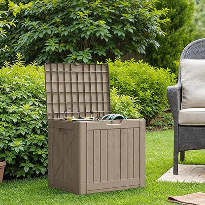 Flamaker Resin Deck Box 40 Gallon Waterproof Outdoor Indoor Storage Box Imitation Wood Resin for Patio Furniture Garden Tools and Pool (Brown)