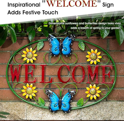 Glitzhome Metal Welcome Wall Decor - Outdoor/Indoor Vibrant Sunflower & Butterfly Garden Art for Porch Patio Yard
