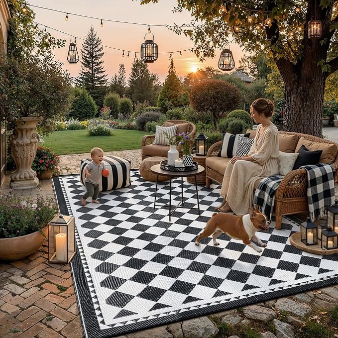 HUGEAR Outdoor Waterproof Rug 9'x12' Plastic Straw Rugs Washable Reversible Floor Mat Black/White Plaid Carpet for Camping RV Deck Entryance Porch Picnic Balcony Beach Backyard
