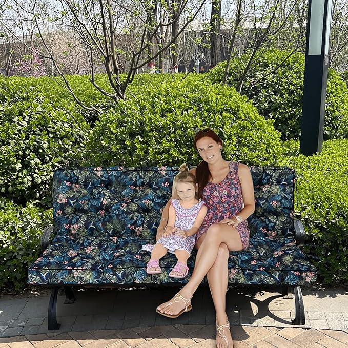 Swing Replacement Seat Cushions, 2-3 Seater Bench Cushions for Outdoor Furnitur with Backrest, Garden Recliner Seat Cushions Waterproof Sofa Pads (Leaves+Flower Pattern, 70.8x40in)