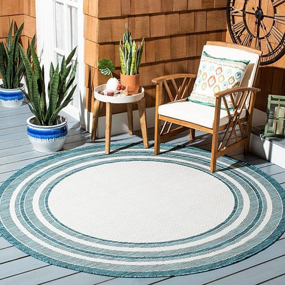 SAFAVIEH Washable Rug Outdoor Courtyard Collection - 5'3" Round, Ivory & Teal, Non-Shedding & Easy Cleaning, Ideal for Patio, Backyard, Mudroom (CY8475-53512)