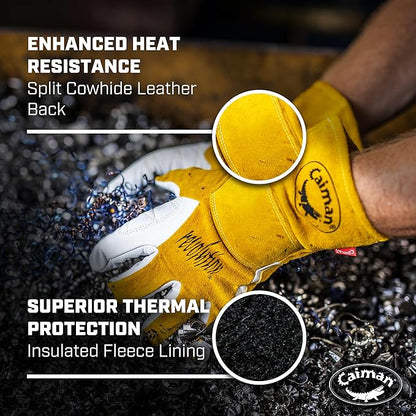 Caiman Premium Goat Grain TIG/Multi-Task Welding Gloves, Split Cowhide Back, 4-Inch Extended Cuff, White/Gold, Large (1540-5)