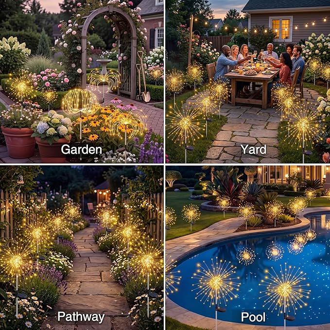 btfarm 2 Pack Solar Garden Lights Outdoor 8 Modes, 120 LED Firework Lights Solar Powered, Waterproof Twinkle Fairy Light Outside for Yard Pathway Lawn Pool Patio Christmas Decorative, Warm White