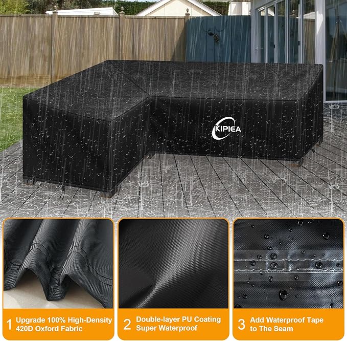 Kipiea L-Shape Patio Furniture Covers Waterproof, 500D Heavy Duty Outdoor Sectional Cover Windproof, Outdoor Couch Cover Anti-UV, No Tears & No Fading (Left Facing, 58" x 78" L x 33.5" D x 31" H)
