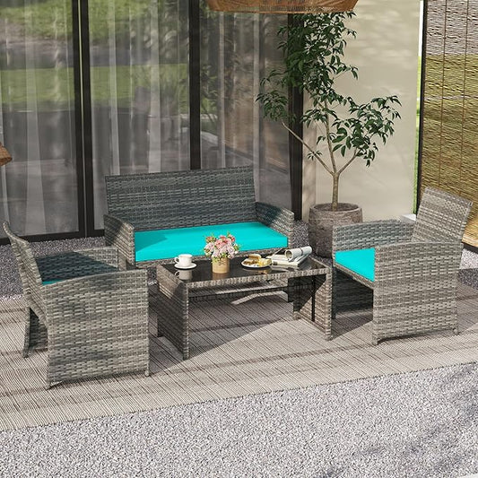 Tangkula 4 Piece Patio Wicker Furniture Set, Outdoor Heavy Duty Rattan Cushioned Chairs, Loveseat and Tempered Glass Coffee Table, for Backyard, Balcony, Poolside