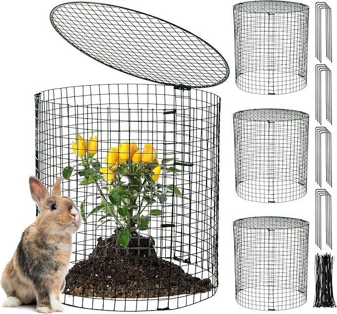 Hiboom 4 Set Garden Plant Protectors from Animals with Stakes, Metal Mesh and Detachable Covers Wire Plant Cage for Keeping Bunny Animals Out, Chicken Wire Cover Garden Protection (12x13)