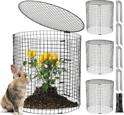 Hiboom 4 Set Garden Plant Protectors from Animals with Stakes, Metal Mesh and Detachable Covers Wire Plant Cage for Keeping Bunny Animals Out, Chicken Wire Cover Garden Protection (12x13)
