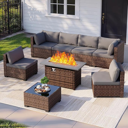 8 Pieces Outdoor Patio Furniture Set with 44.9" Fire Pit Table, All-Weather Wicker Outdoor Patio Sectional Set with Coffee Table, for Garden Backyard