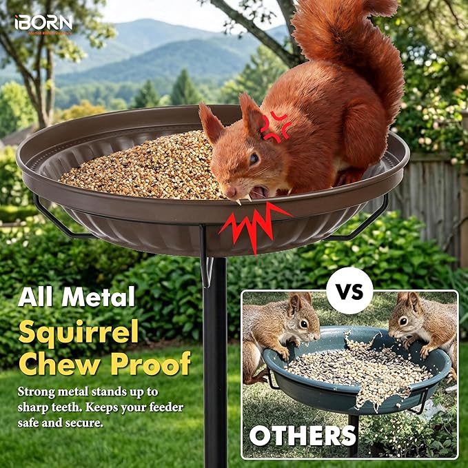 iBorn Standing Bird Feeder, Metal Bird Feeder Tray Stand with 5-Pronged Base, 37.4" Ground Height Heavy Duty Feeder Stand, 11.2" Detachable Bird Feeder with Pole for Outdoor Garden Yard Lawn, Bronze