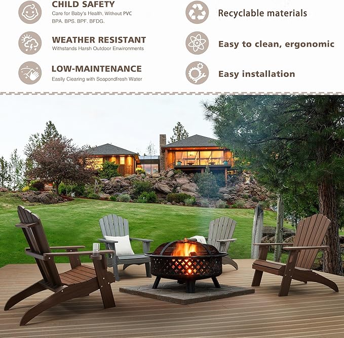 Psilvam Oversized Adirondack Chair, Fade-Resistant & Odor-Free Poly Lumber Fire Pit Chair with Cup Holder, Weatherproof Lawn Chair, Easy 15 Min Install Patio Chair, 350 Lbs Support (1, Light Brown)