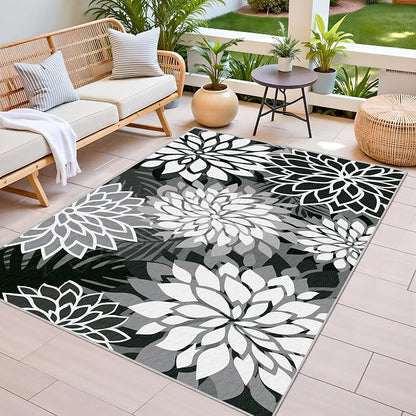 3x5 Washable Rug for Living Room Tropical Botanical Modern Floral Chenille Area Rugs Low Pile Non Slip Carpet for Patio, Bedroom, Laundry, Black