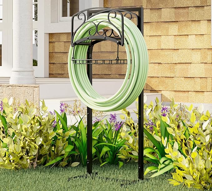 Kingson Portable Garden Hose Holder with Storage Basket - Heavy-Duty Freestanding Steel Stand, Holds 150FT Hose, Black Powder-Coated Finish, Detachable & Space-Saving Design with Tools