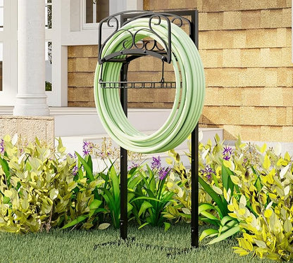 Kingson Portable Garden Hose Holder with Storage Basket - Heavy-Duty Freestanding Steel Stand, Holds 150FT Hose, Black Powder-Coated Finish, Detachable & Space-Saving Design with Tools