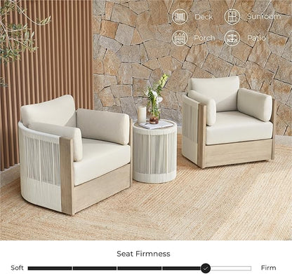 CHITA Boho Patio Rattan 360° Swivel Chair, Outdoor Wicker Furniture with 7.9″ Thickened Cushions and 2 Arm Pillows, Acacia Wood Frame, Fully Assembled(Cream)