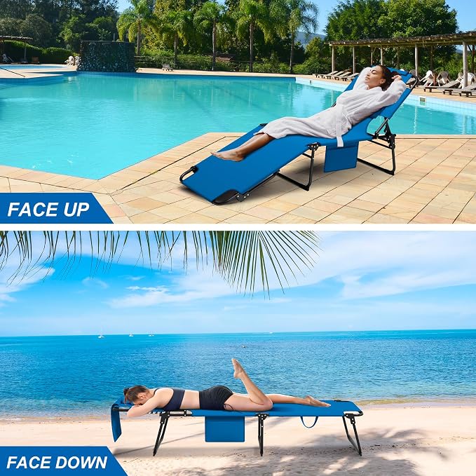 400lbs Tanning Chair with Face Hole, 5-Position Folding Chaise Lounge Chair with Side Pockets, Portable Beach Lounge Chair for Outdoor Sunbathing Patio Pool Lawn, Blue