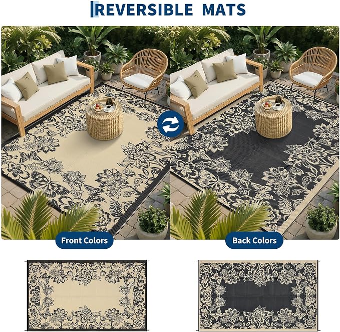 Garvee 5’x8’ Waterproof Patio Outdoor Rug, Outdoor Plastic Straw Rug for Camping, RV Mat Outside, Indoor Outdoor Carpet for Porch, Deck, Backyard, Balcony, Picnic, Black & Brown