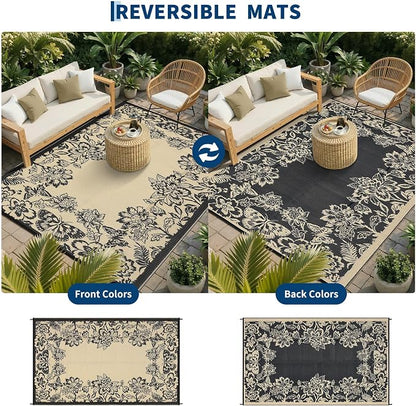 Garvee 5’x8’ Waterproof Patio Outdoor Rug, Outdoor Plastic Straw Rug for Camping, RV Mat Outside, Indoor Outdoor Carpet for Porch, Deck, Backyard, Balcony, Picnic, Black & Brown