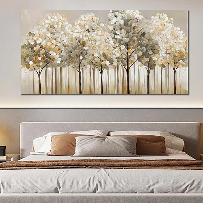 SSNEEKNDG Large Gold Forest Wall Art for Living Room Tree Picture Brown Wall Decor Modern Landscape Artwork for Bedroom Home Office Kitchen Canvas Prints Ready to Hang 29"x58"