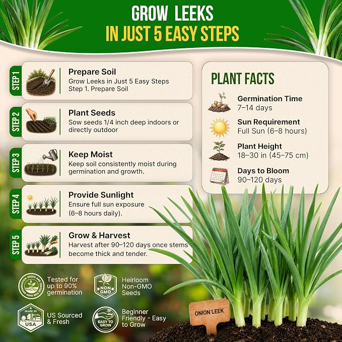 Organo Republic Onion Leek Seeds Pack 1G - Over 375 Non-GMO Heirloom Onion Seeds for Planting Vegetables in Individual Seed Packet, Vegetable Seeds for Planting Home Garden Indoor & Outdoor Gardening