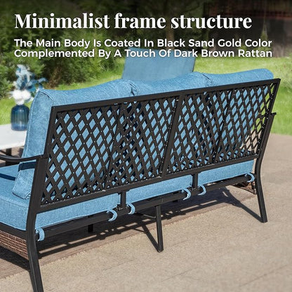 Patio Furniture Set with Firepit Table, Black Frame Outdoor Conversation Set with 2 x Swivel Chairs, 1 x 3-Seat Sofa for Lawn Garden Backyard, Navy Blue