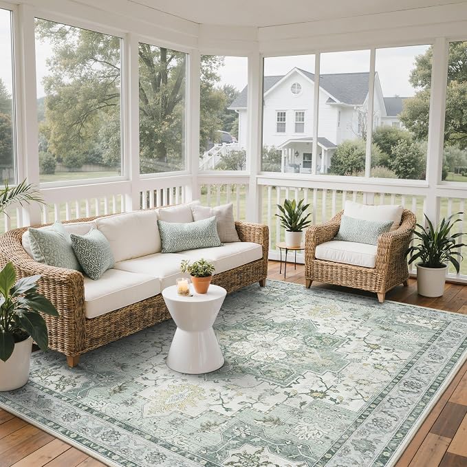 GENIMO Outdoor & Indoor Area Rug 4'x6', Waterproof, Non-Shedding, Easy Cleaning, Boho Mat for Patio, Living Room, Balcony, Dining Room, RV, Deck, Bedroom, Camping, Outside Carpet,Light Green