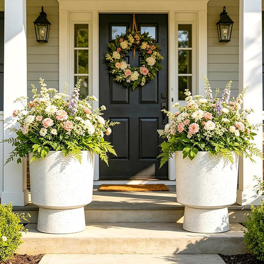 16.75"H Urn-Style Tall Planters, 2-Pack Modern Large Flower Pots for Outdoor Indoor, 2-in-1 Design Plant Containers for Garden Patio Yard Balcony Porch or Home Decor, White Terrazzo, UV-Protect