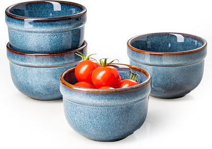 Henten Home 6 oz Ramekins Set Oven Safe, Ceramic Creme Brulee Ramekins Set of 4, Baking Cups for Pudding, Souffle, Ice Cream, Snack, Dipping (Blue)