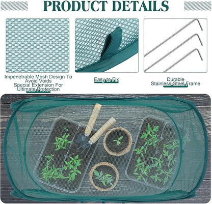 2 Pcs 39" x 18" x 16" Pop up Garden Mesh Plant Cover Outdoor Plant Protector Garden Row Raised Bed Cover with Ground Nails Crop Cage Net for Seedlings Vegetable Fruit Herbs (Dark Green)
