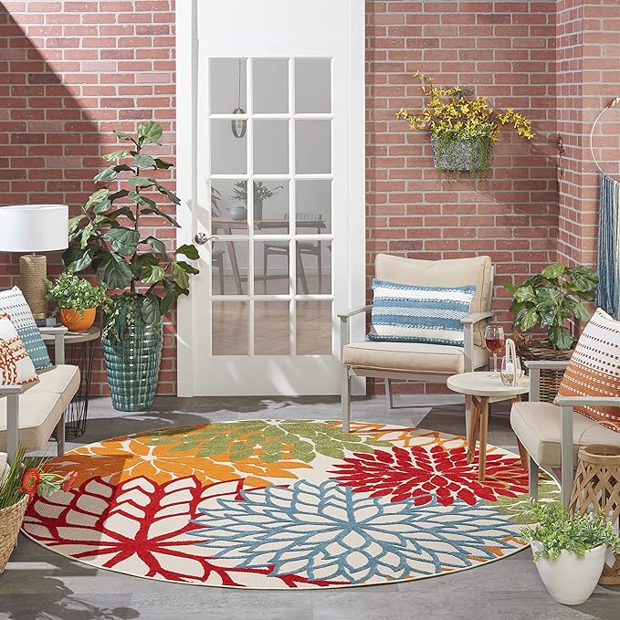 Nourison Home Aloha Indoor/Outdoor Green 7'10'' x Round Area-Rug, Tropical, Botanical, Easy Clean, Non Shedding, Bed Room, Living Room, Dining Room, Deck, Backyard, Patio (8 Round)
