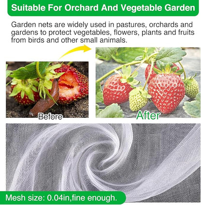 Garden Mesh Netting Kit, 10 * 25FT Ultra Fine Plant Netting Mesh Covers，Row Cover Net Protection for Tree Fruit Barrier Vegetable Fruits Flowers Shrubs Plant Covers Net