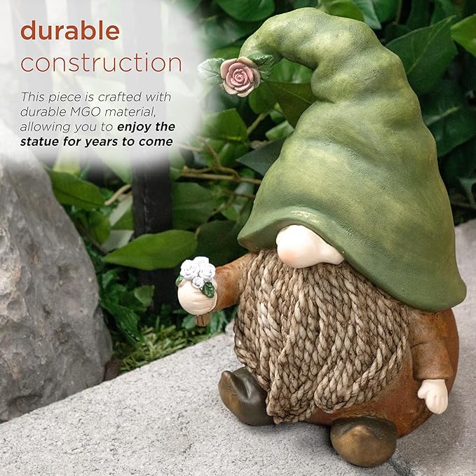 Alpine Corporation 10" Tall Outdoor Green Hat Gnome Statue, Offering Flower Sculpture Gift for Family, Weatherproof Garden Decor