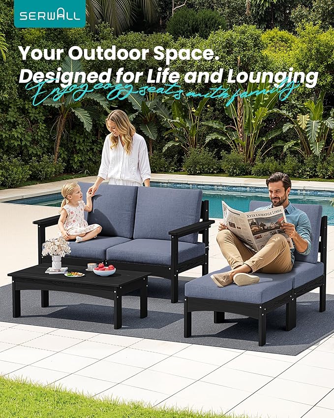 SERWALL 5-Piece Patio Sofas with 15FT Double Side Patio Umbrella, All-Weather HDPE Outdoor Sectional Sofa, Large Modular Patio Conversation Set for Garden, Deck, Porch, Black Frame with Grey Cushion