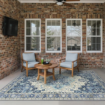 GENIMO Outdoor & Indoor Area Rug 6'x9', Waterproof, Non-Shedding, Easy Cleaning, Boho Mat for Patio, Living Room, Balcony, Dining Room, RV, Deck, Bedroom, Camping, Outside Carpet,Center Blue