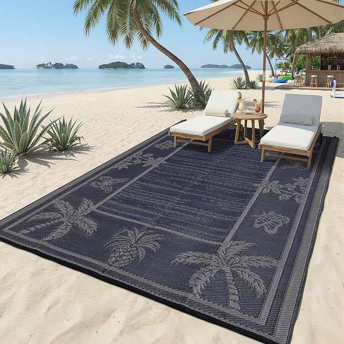 Garvee Outdoor Rug 8x10 Waterproof for Patios, Reversible Plastic Straw Rug, Tropical Leaf Indoor Outdoor Rugs, Large Area Rug for RV, Camping, Deck, Picnic Mat, Outside Carpet