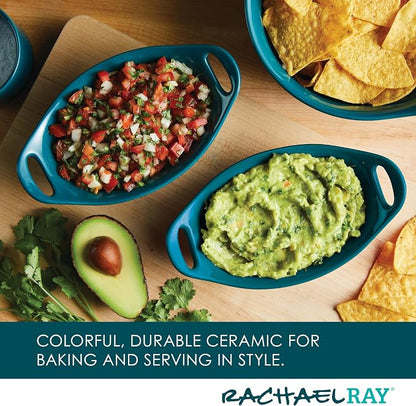 Rachael Ray Solid Glaze Ceramics Au Gratin Bakeware / Baker Set, Oval - 2 Piece, Teal