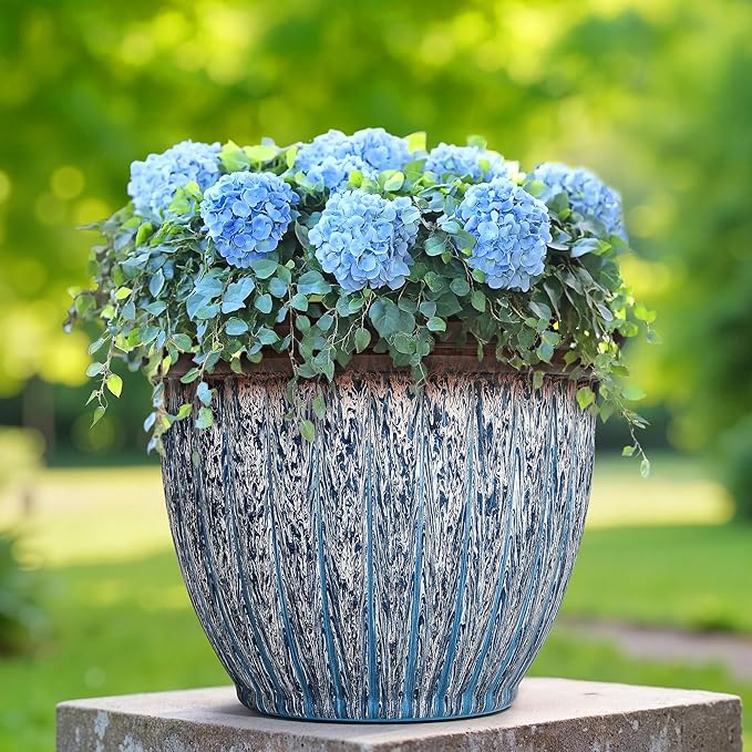 15" D Large Flower Pots, 2-Pack Big Planters for Indoor Outdoor Plants, UV-Protect PP Container for Garden Patio Yard Balcony Porch or Home Decor, Artistic Floating Blue & Brown Glaze