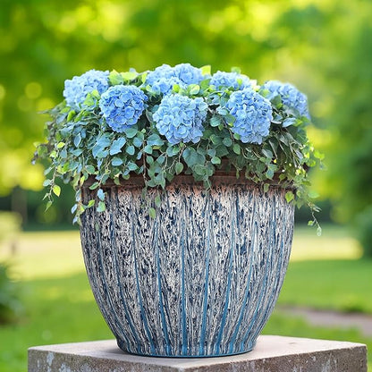 15" D Large Flower Pots, 2-Pack Big Planters for Indoor Outdoor Plants, UV-Protect PP Container for Garden Patio Yard Balcony Porch or Home Decor, Artistic Floating Blue & Brown Glaze