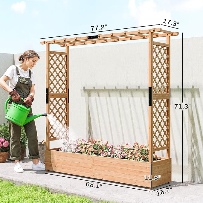 Outsunny Raised Garden Bed with Trellis, Wooden Planter Box with Hanging Roof and Drainage Holes, Outdoor Trellis Planter for Climbing Plants, Vegetables, Herbs and Flowers, 77.2" x 17.3" x 71.3"