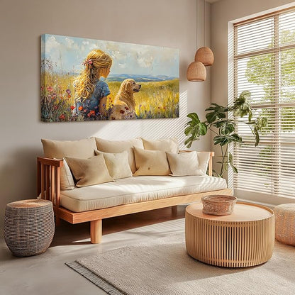 SERIMINO Portrait Animal Extra Large Wall Art, Meadow Landscape Wall Prints, Woman Golden Retriever Dog Canvas Paintings, Rustic Wall Decor Living Room Bedroom Dining Room Farmhouse Cottage 29"X57"