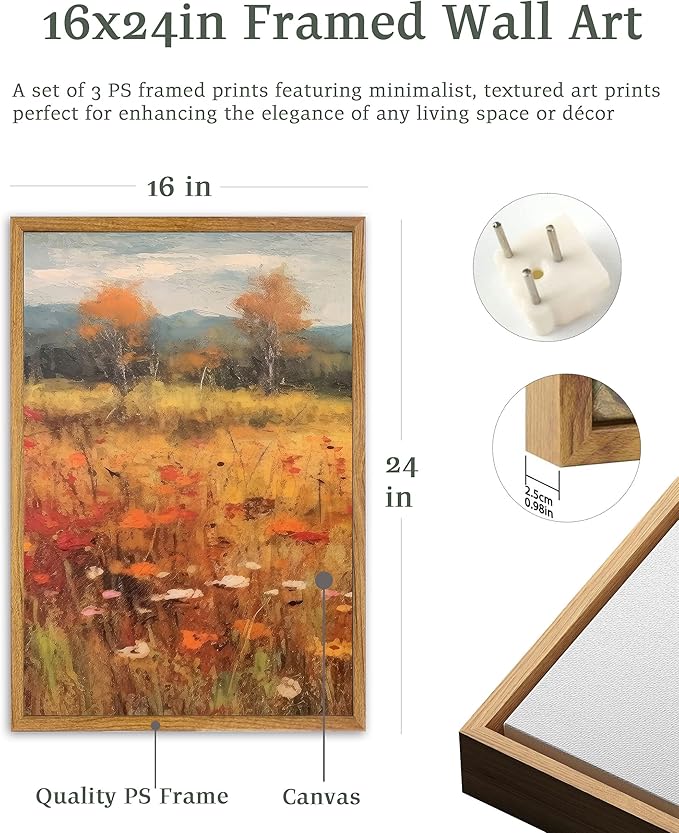 UPWOIGH Large Framed Canvas Wall Art, Set of 3 Gold Vintage Autumn Prints, 16x24 in Natural Cotton Posters with Wildflowers, Botanical Farmhouse Style for Living Room, Bedroom, Dining Room, Office